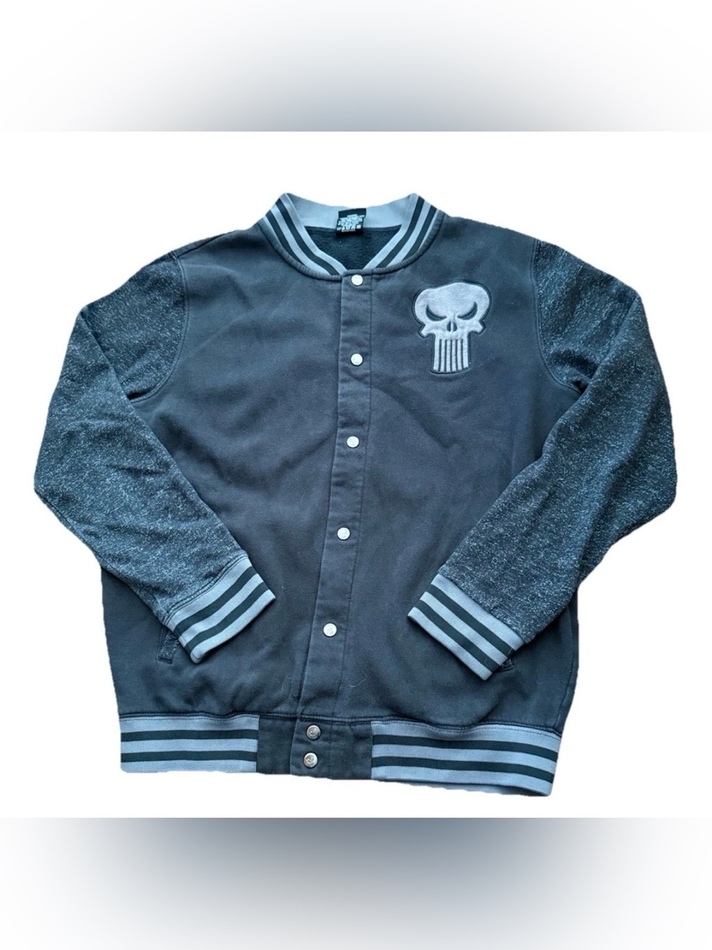 Marvel The Punisher Men's Gray Varsity Jacket Snap Up Skull Logo Men's Size L